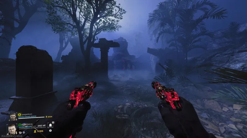 Approaching the Vietnamese temple ruins during Dempsey's flashback with dual pistols and foggy blue atmosphere