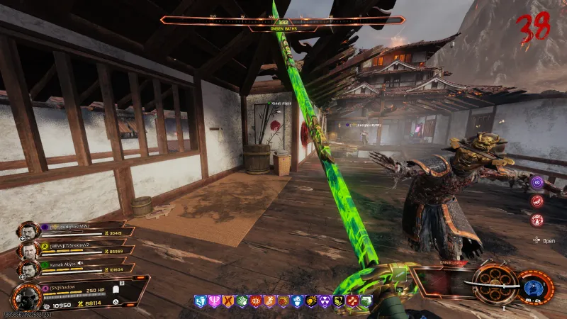 The Path of Sorrows katana crackling with green electricity next to an Onryo on Kowakujo for the Dragon Egg relic in BO7 Zombies