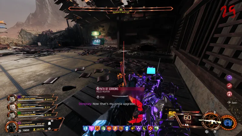 The Path of Sorrows katana glowing red on the floor ready to pick up on Kowakujo for the Dragon Egg relic in BO7 Zombies