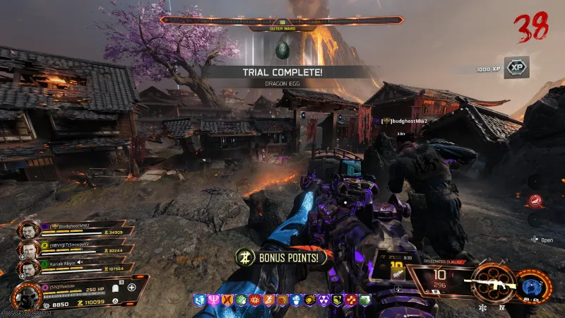 Trial Complete Dragon Egg banner with the 1000 XP reward on Kowakujo after clearing all six tiers in BO7 Zombies