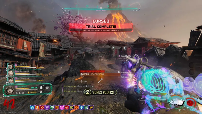 Cursed Trial Complete screen for Survive Mr Peeks 6 Tiers of Insanity with a Legendary Aether Tool reward on Kowakujo in BO7 Zombies