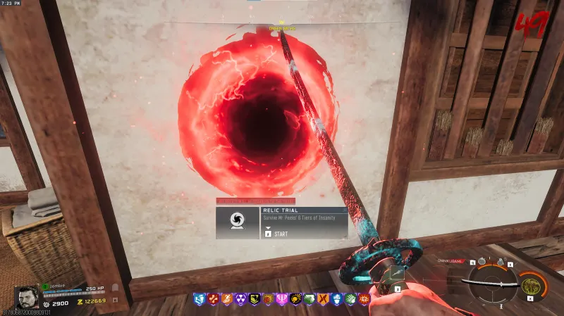 Relic trial prompt at the Onsen Baths portal reading Survive Mr Peeks 6 Tiers of Insanity for the Dragon Egg relic in BO7 Zombies
