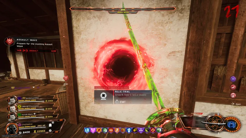 Relic trial start prompt at the Onsen Baths portal reading Survive Mr Peeks 6 Tiers of Insanity with all relics disabled in BO7 Zombies