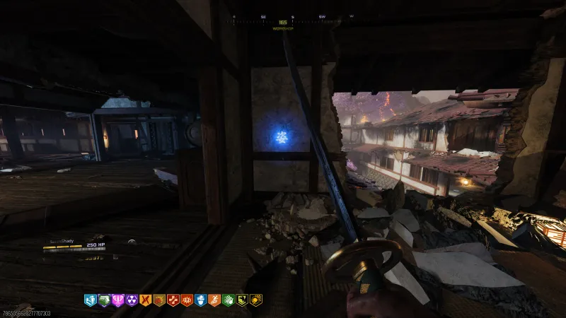 Glowing blue symbol in the Workshop on Kowakujo with the Path of Sorrows katana, part of the Dragon Egg relic trigger in BO7 Zombies