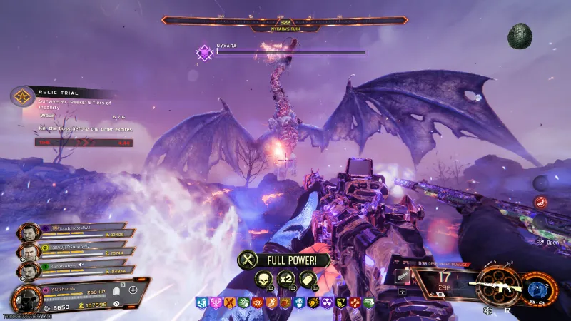 The winged dragon boss Nyxara with a health bar during the final tier of the Dragon Egg relic trial on Kowakujo in BO7 Zombies