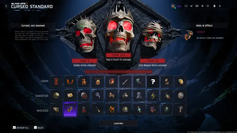 BO7 Cursed Standard menu showing the Dragon relic in the Wicked row with the effect All Ammo Crates are disabled