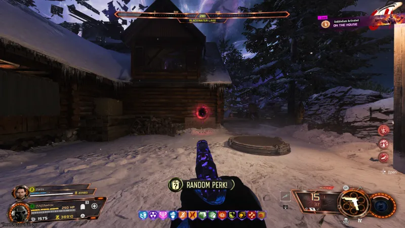 Red Dragon relic portal on the cabin wall at Blackwater Lake in BO7 Ashes of the Damned, next to the woodpile and manhole cover