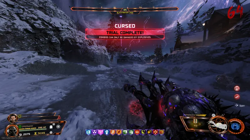 CURSED TRIAL COMPLETE banner after finishing the six-wave Dragon relic trial at Blackwater Lake in BO7 round 64