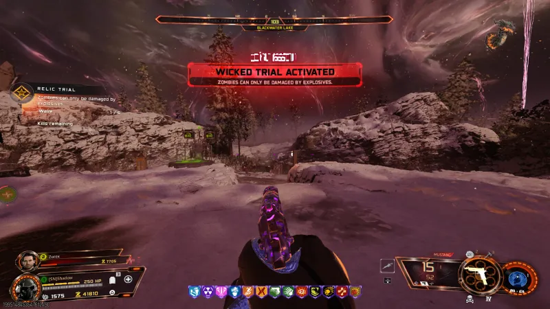 WICKED TRIAL ACTIVATED banner in BO7 reading Zombies Can Only Be Damaged By Explosives, Wave 1 of 6 at Blackwater Lake