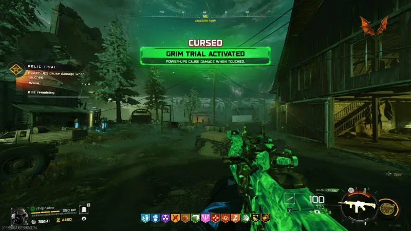 GRIM TRIAL ACTIVATED banner in BO7 showing Power-Ups Cause Damage When Touched with Wave 1 of 4