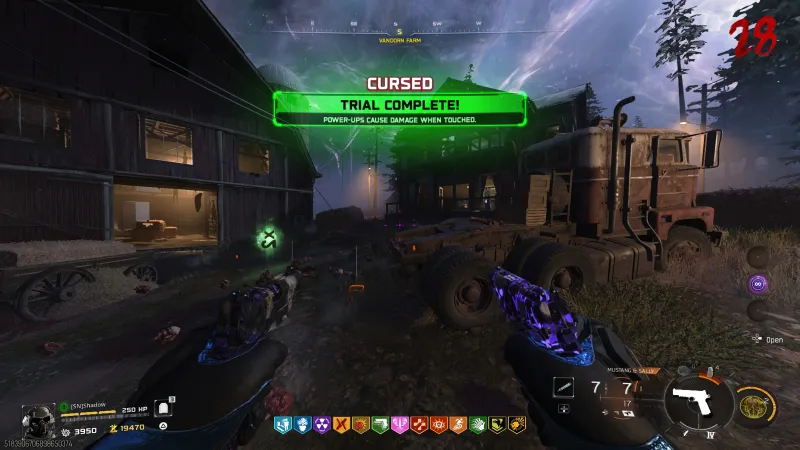 CURSED TRIAL COMPLETE banner after finishing the Dragon Wings relic trial at Vandorn Farm round 28