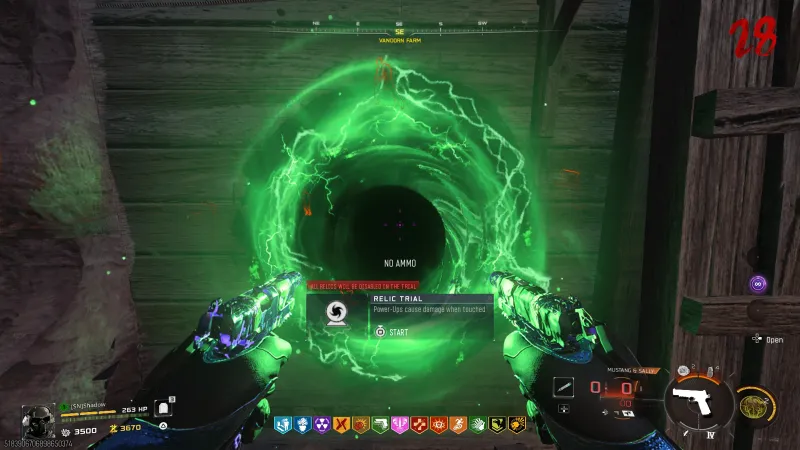 Green relic trial portal at Vandorn Farm on Ashes of the Damned with RELIC TRIAL prompt showing Power-Ups cause damage when touched