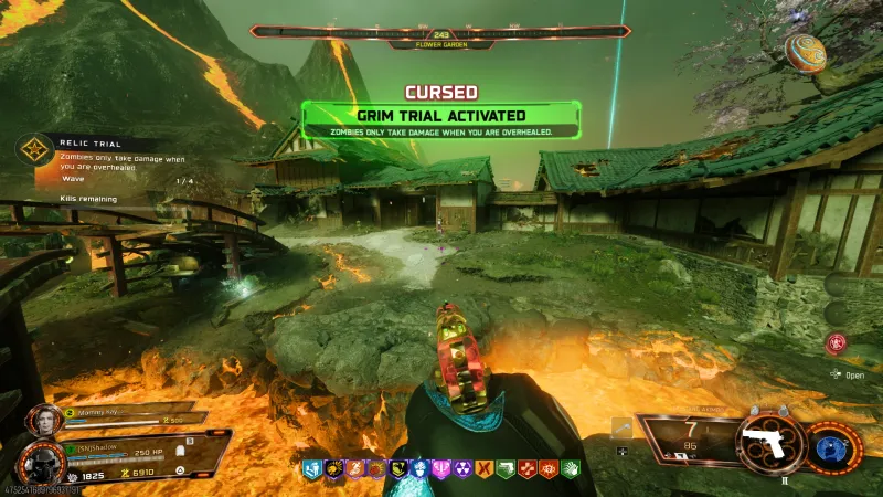 Grim Trial Activated banner for the Druid Stone relic on Kowakujo reading zombies only take damage when you are overhealed