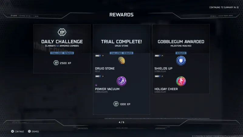 BO7 rewards screen showing the Druid Stone relic with the Power Vacuum gobblegum and 1000 XP