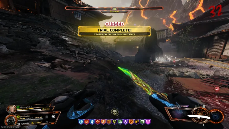 Film Reel relic trial complete banner at Tea Garden on Kowakujo reading zombies can only die to scorestreaks in BO7 Zombies