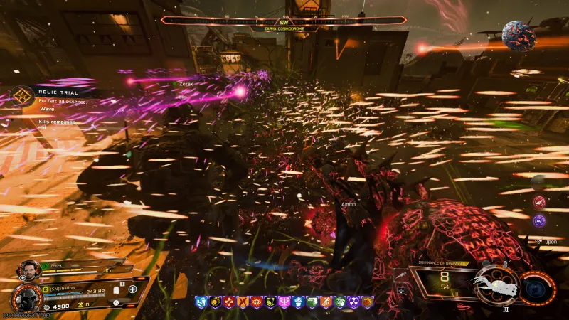 Focusing Stone Relic Trial in progress at Zarya Cosmodrome showing the forfeit all essence rule and the wave counter in BO7 Cursed mode
