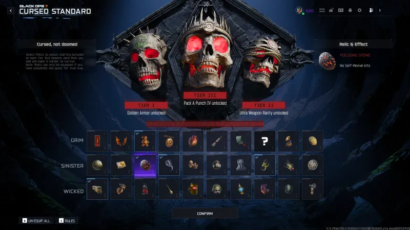 BO7 Cursed Standard relic menu showing the Focusing Stone selected in the Sinister tier with the No Self-Revive kits effect