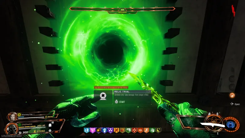 Green Gramophone relic trial portal in the Kitchens on Kowakujo with the sniper-only relic trial start prompt in BO7 Zombies