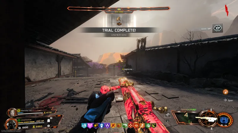 Trial Complete Gramophone banner on Kowakujo after clearing the sniper-only relic trial in BO7 Zombies
