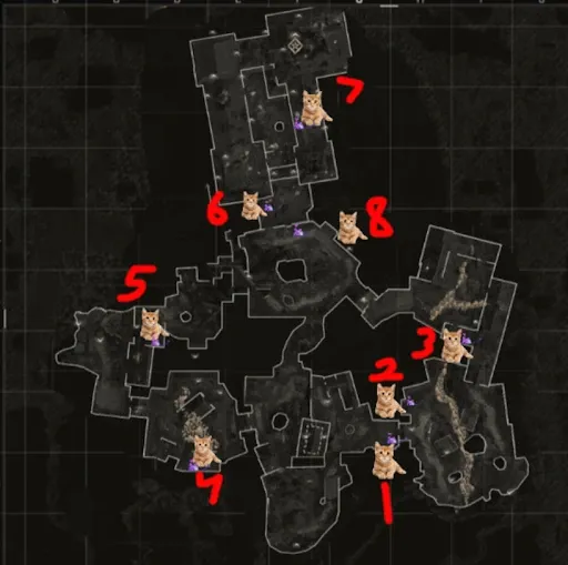 Map of Kowakujo marking all eight cat locations for the cat cafe side Easter egg in BO7 Zombies