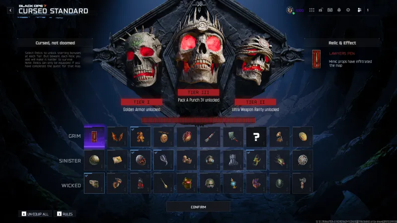 BO7 Cursed Standard relic menu showing the Lawyer's Pen as the first Grim tier relic on Ashes of the Damned