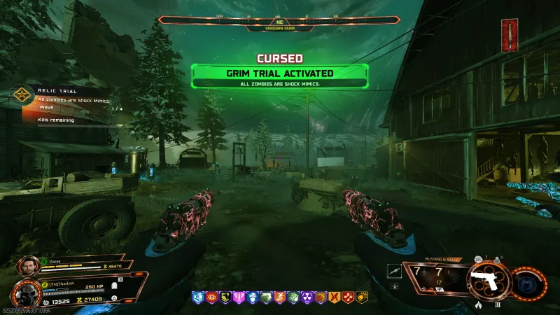 CURSED Grim Trial Activated banner for the Lawyer's Pen relic in BO7 showing Wave 1 of 4 with all zombies as Shock Mimics