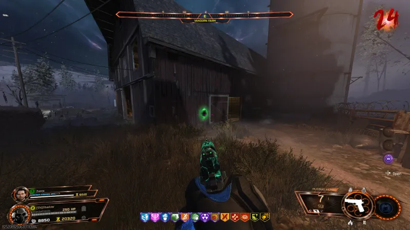 Green Lawyer's Pen relic trial portal on the side of the barn at Van Dorn Farm in BO7 Ashes of the Damned