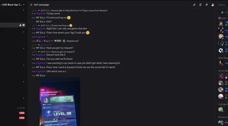 Active BO7 LFG text chat showing players finding teammates
