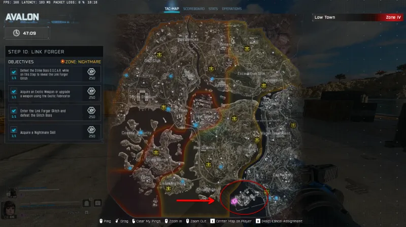 Avalon map showing Link Forger Step 10 objectives and portal location with Zone Nightmare indicator in BO7 Endgame