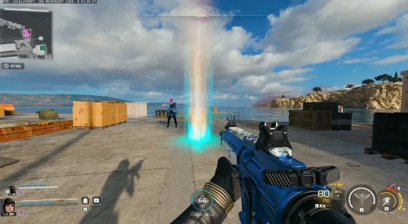 Link Forger Glitch portal at Old Arsenal in BO7 Endgame showing a tall cyan blue beam of light