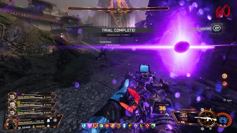BO7 Kowakujo Mannequin Turret relic trial complete screen with the 1000 XP reward on round 60 in Cursed mode