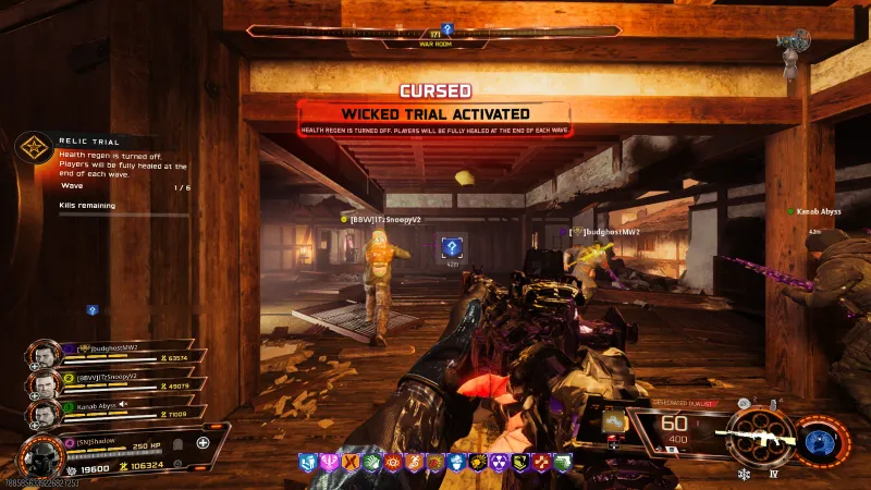 BO7 Kowakujo Mannequin Turret Wicked trial activated banner showing health regen is turned off and players are fully healed at the end of each wave