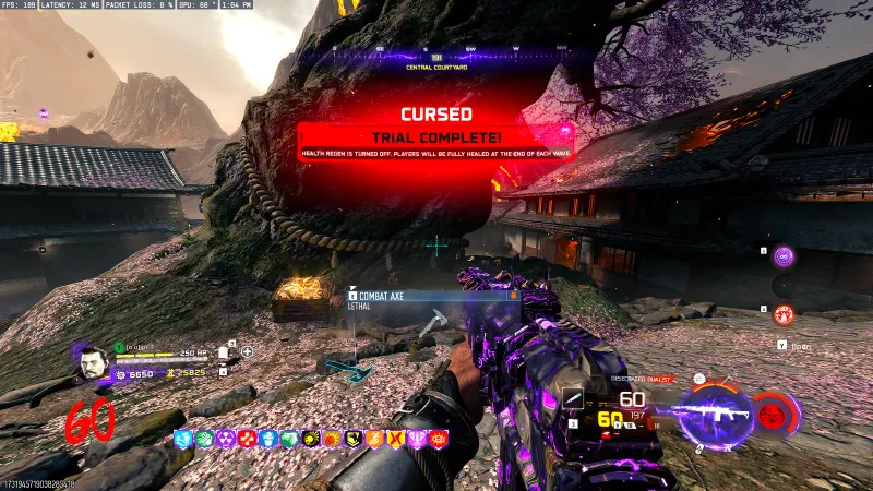 BO7 Kowakujo Mannequin Turret trial complete screen showing the rule that health regen is turned off and players are fully healed at the end of each wave