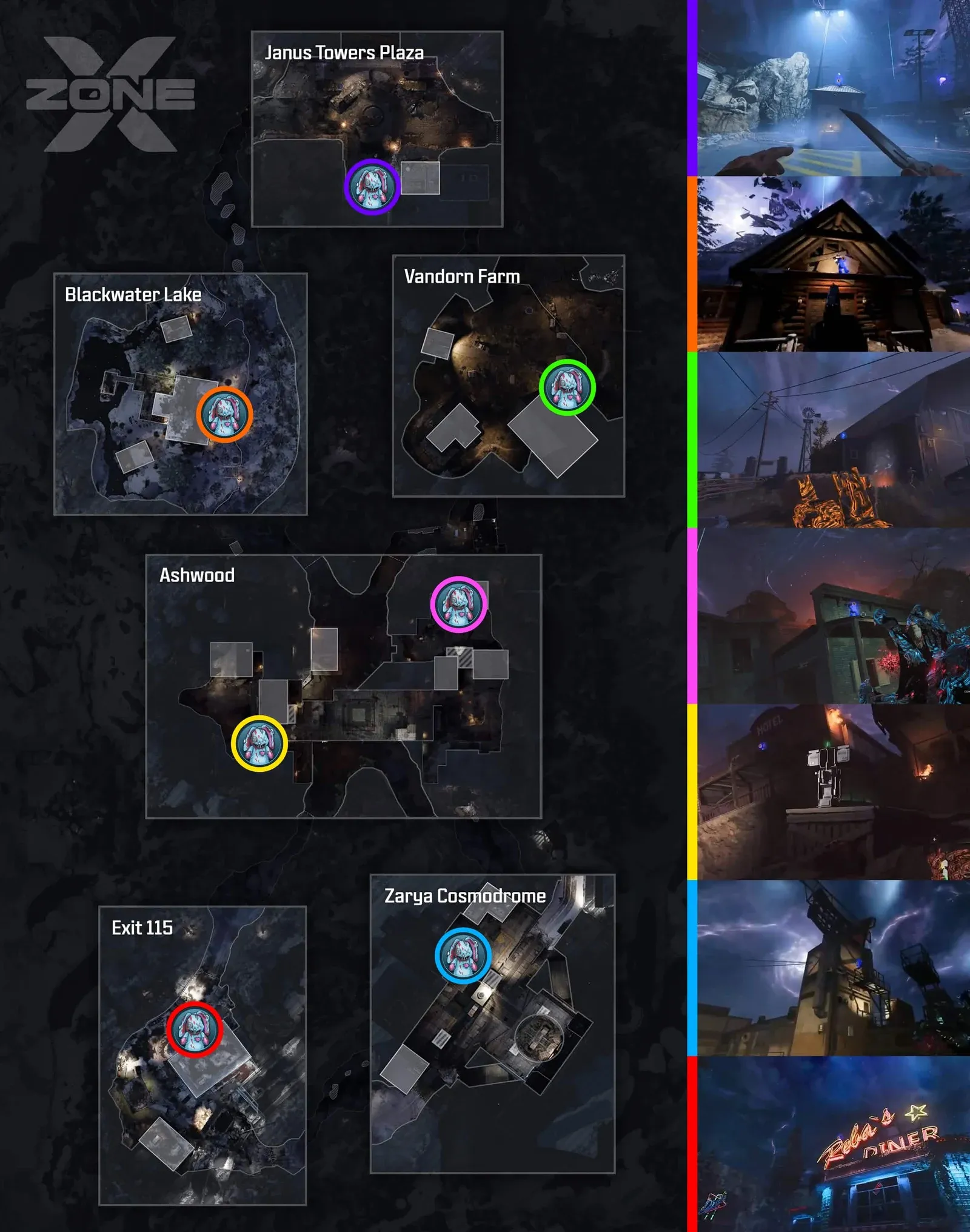 Map of all seven Mr Peeks spawn locations on Ashes of the Damned in BO7 Cursed Mode