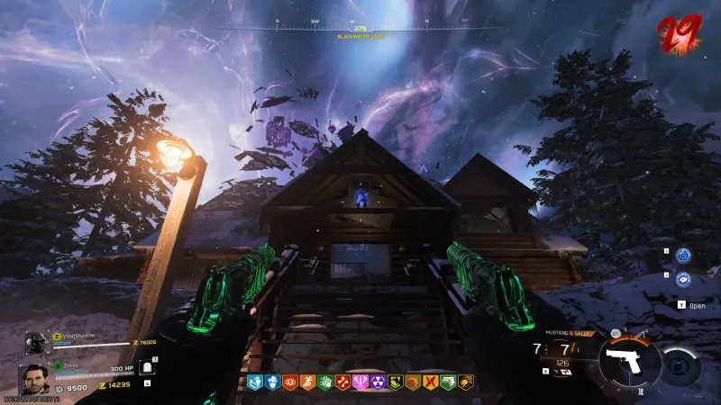 Mr Peeks in the log cabin gable above the entrance at Blackwater Lake on Ashes of the Damned