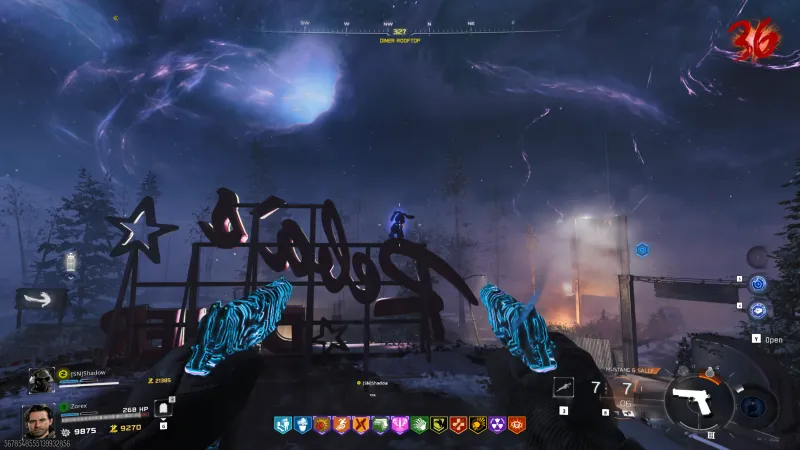 Mr Peeks on the Reba's Diner sign frame at Exit 115 on Ashes of the Damned