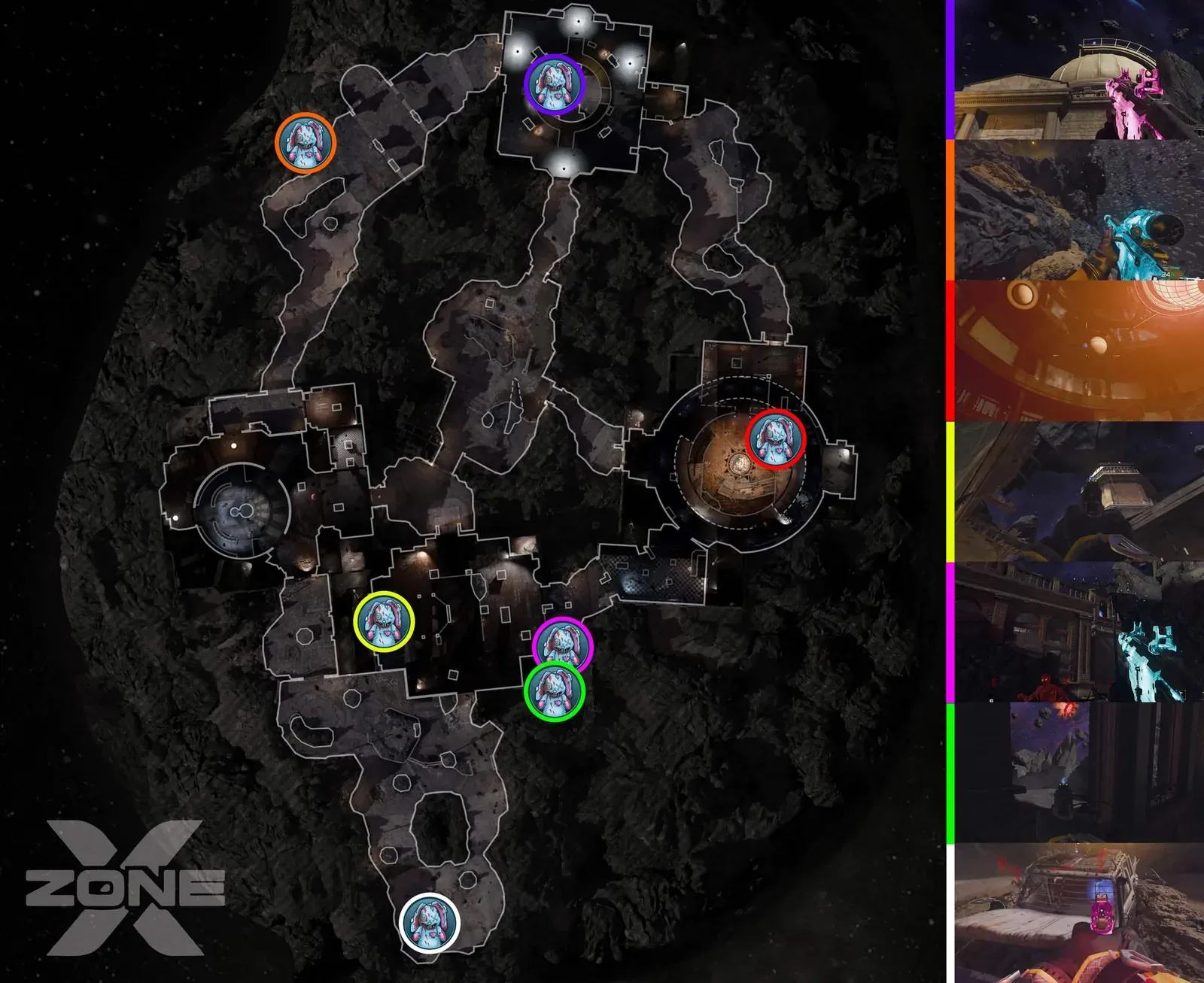 Map of all seven Mr Peeks spawn locations on Astra Malorum in BO7 Cursed Mode