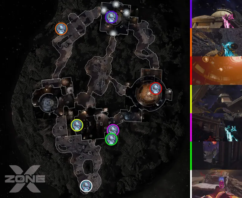 Map of all seven Mr Peeks spawn locations on Astra Malorum in BO7 Cursed Mode