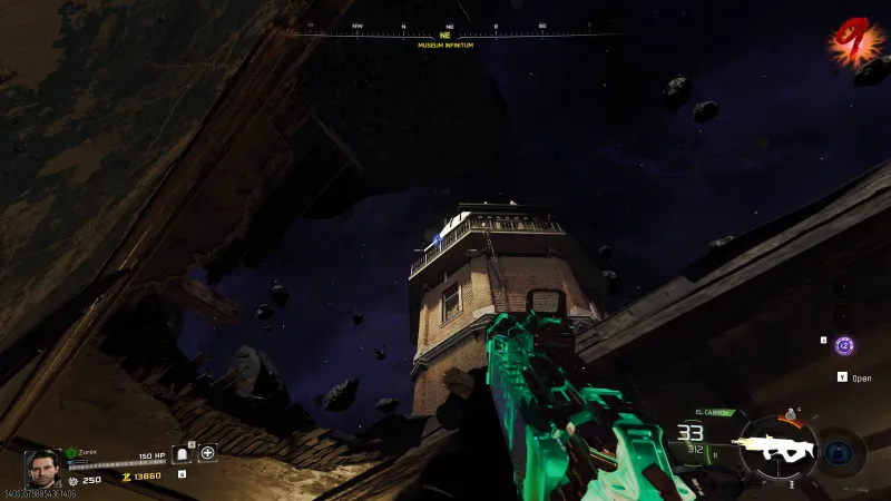 Mr Peeks on the tower rooftop railing near Museum Infinitum on Astra Malorum in BO7 Cursed Mode