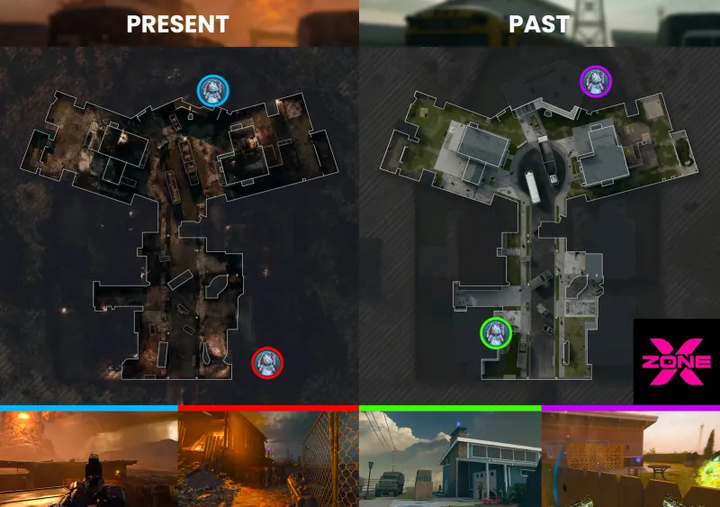 Map of all four Mr Peeks spawn locations on Paradox Junction in BO7 Cursed Mode, present and past Nuketown