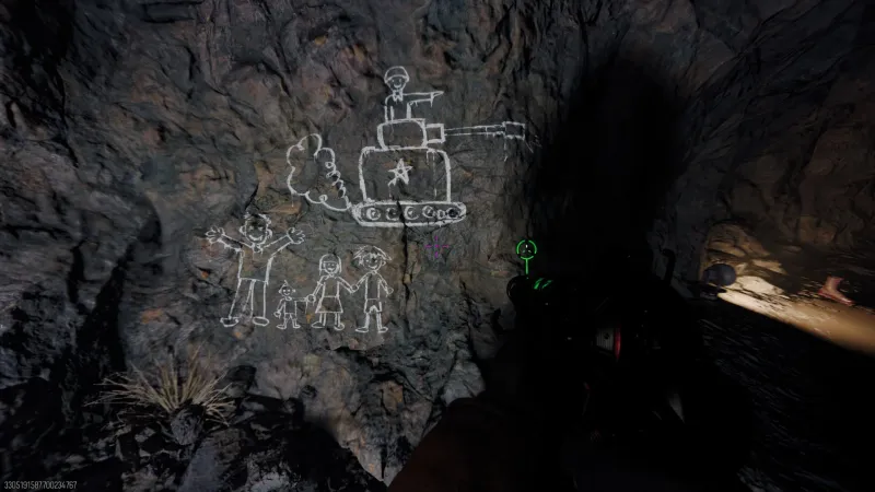 Cave chalk drawing showing Nikolai's family and a Soviet tank on the wall inside the Astra Malorum cave