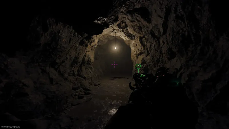Dark mine tunnel with a single hanging light during the Nikolai side Easter egg cave sequence on Astra Malorum