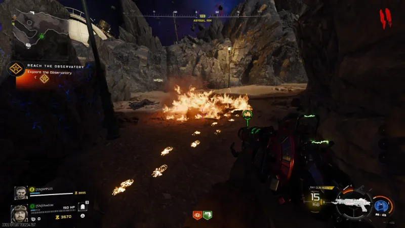 Final set of flaming footprints leading toward the cave entrance after the third Molotov throw at Abyssal Rim