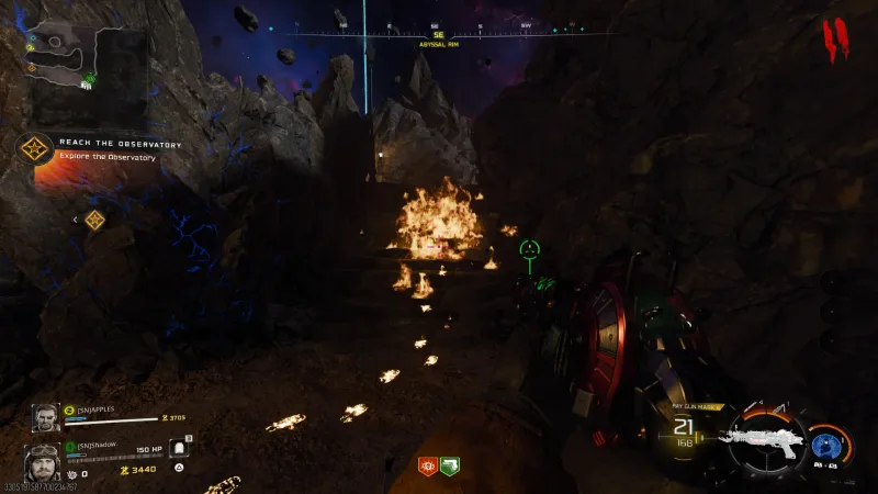 Flaming footprints trail at the bottom of the staircase at Abyssal Rim after the second Molotov throw