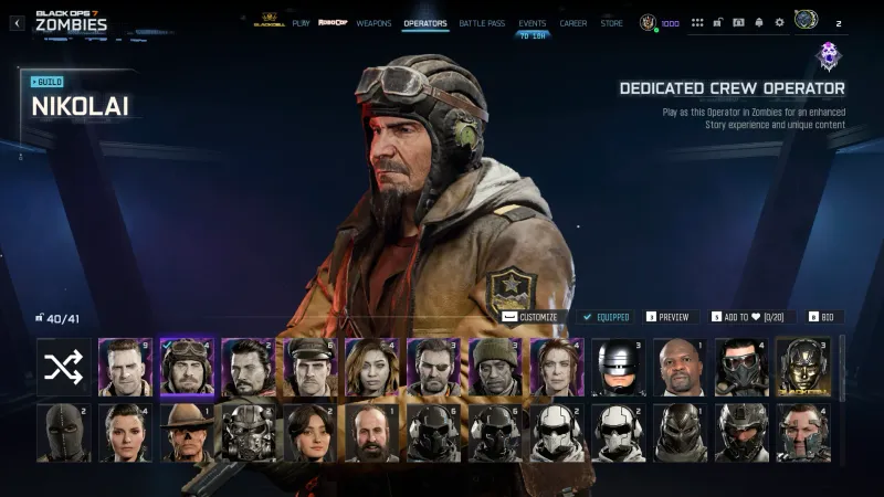 Nikolai operator selection screen in BO7 Zombies showing Dedicated Crew Operator label
