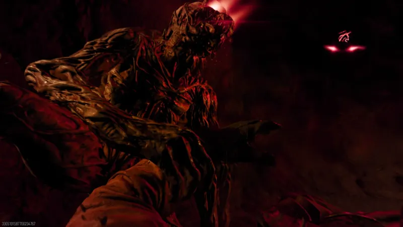 Ravager zombie with glowing red eyes attacking during the cave escape sequence in the Nikolai side Easter egg
