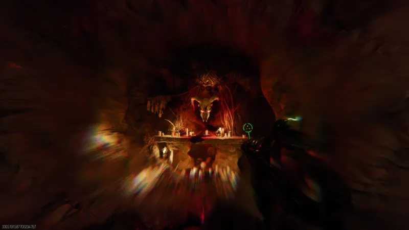 The ritual altar glowing red after interaction as the demon Toor Bala awakens in the cave