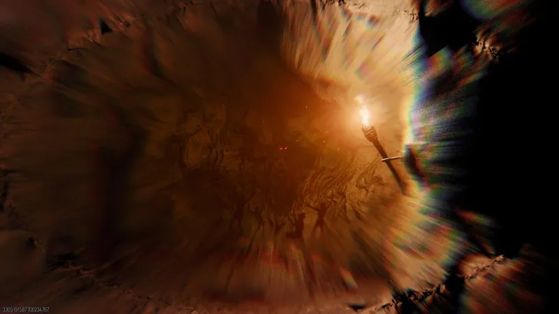 Vision of the demon Toor Bala with a torch and glowing red eyes inside Nikolai's cave on Astra Malorum