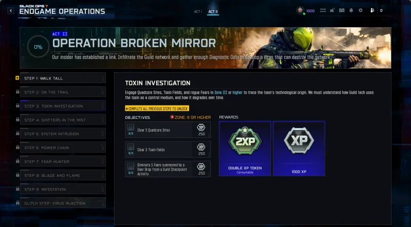 BO7 Operation Broken Mirror mission screen showing all 10 steps and the Toxin Investigation objectives