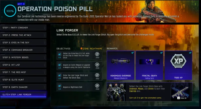 Operation Poison Pill menu in BO7 Endgame showing all 10 steps and Link Forger rewards including Venomous Override and Fractal Death